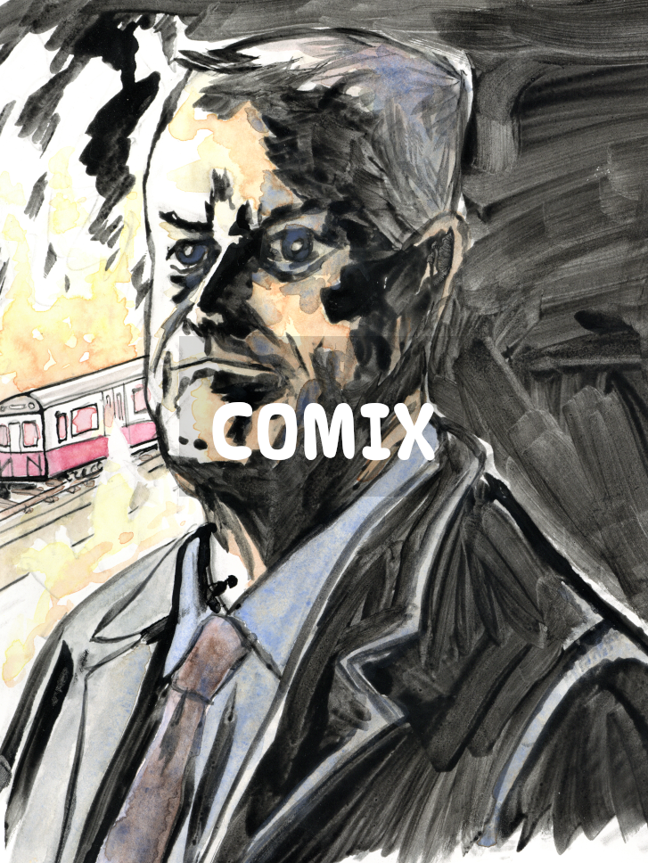An ink-and-watercolor drawing of Charlie Baker lit by a burning train car. Image captioned 