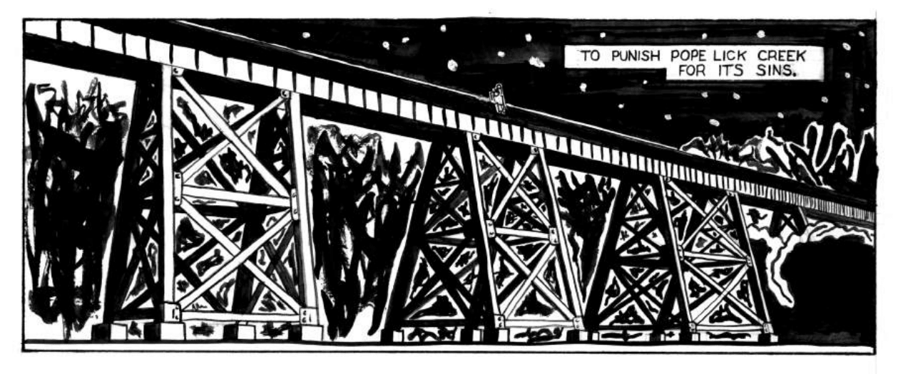 A moody black-and-white ink drawing of a train bridge with two teenagers sitting on it. Narration box says 