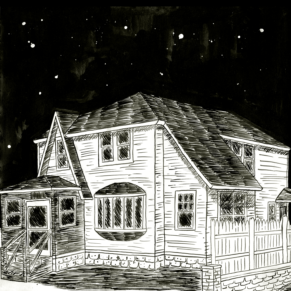 A black and white ink drawing of a house in Medford