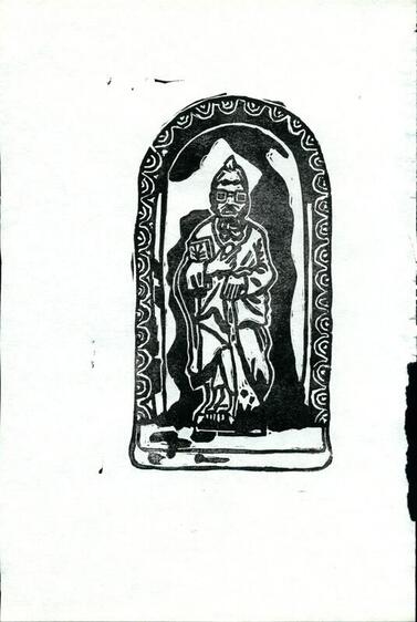 A linocut block print of St Jude inside of a half-shell except he is a stoner