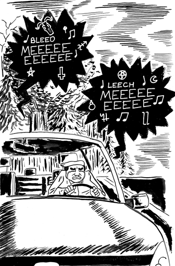 An ink drawing of a teenager weeping in their car while blasting some black metal music