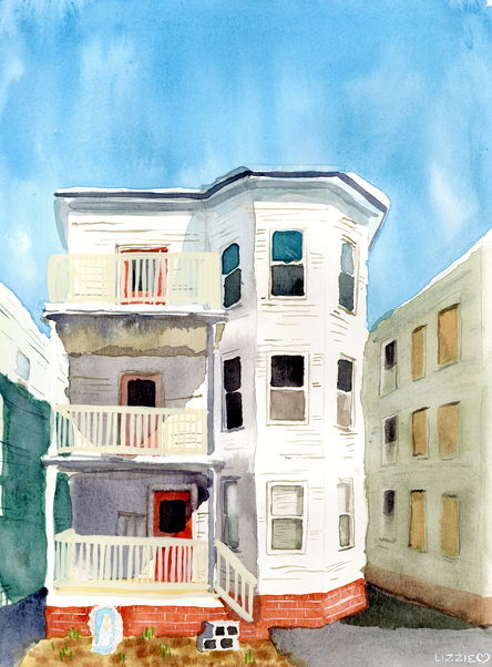 A painting of a triple-decker in Somerville