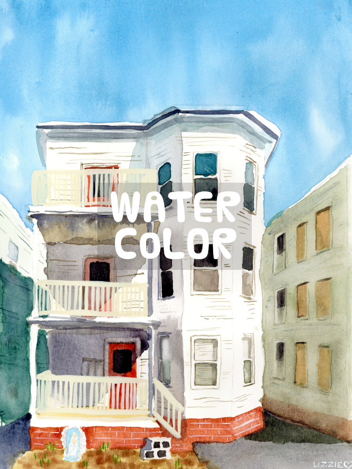 A watercolor of a triple-decker in Somerville. Image captioned 