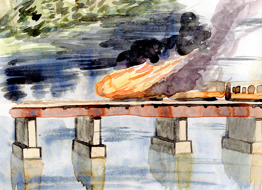 A painting of the orange line car on fire over the Mystic River